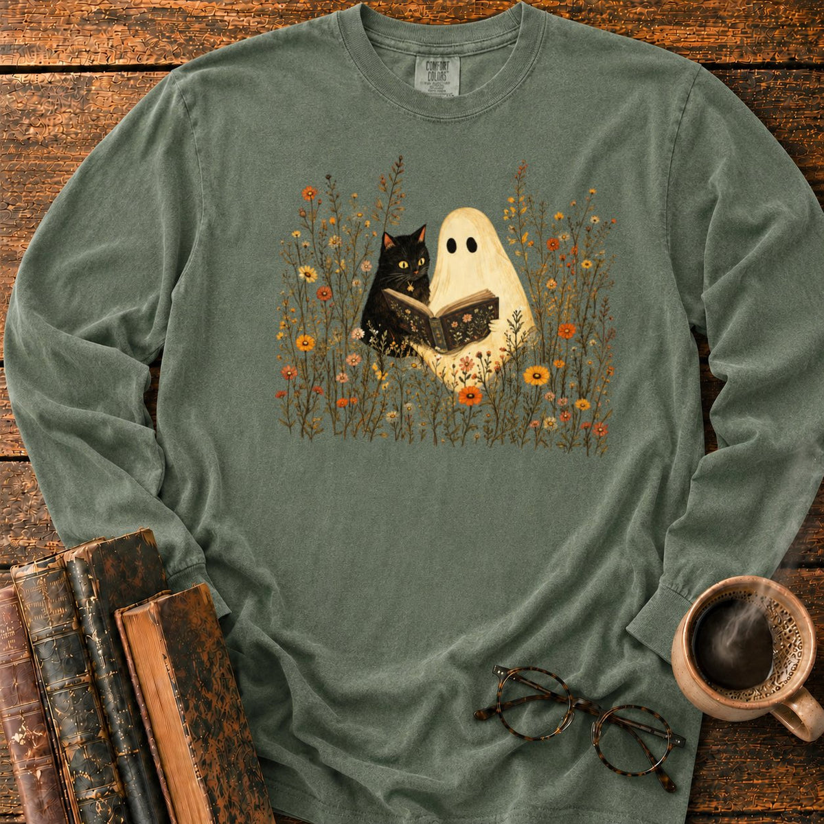 Ghost, Cat And Book Among Wildflowers LS T-Shirt in Hemp – BooksThreads