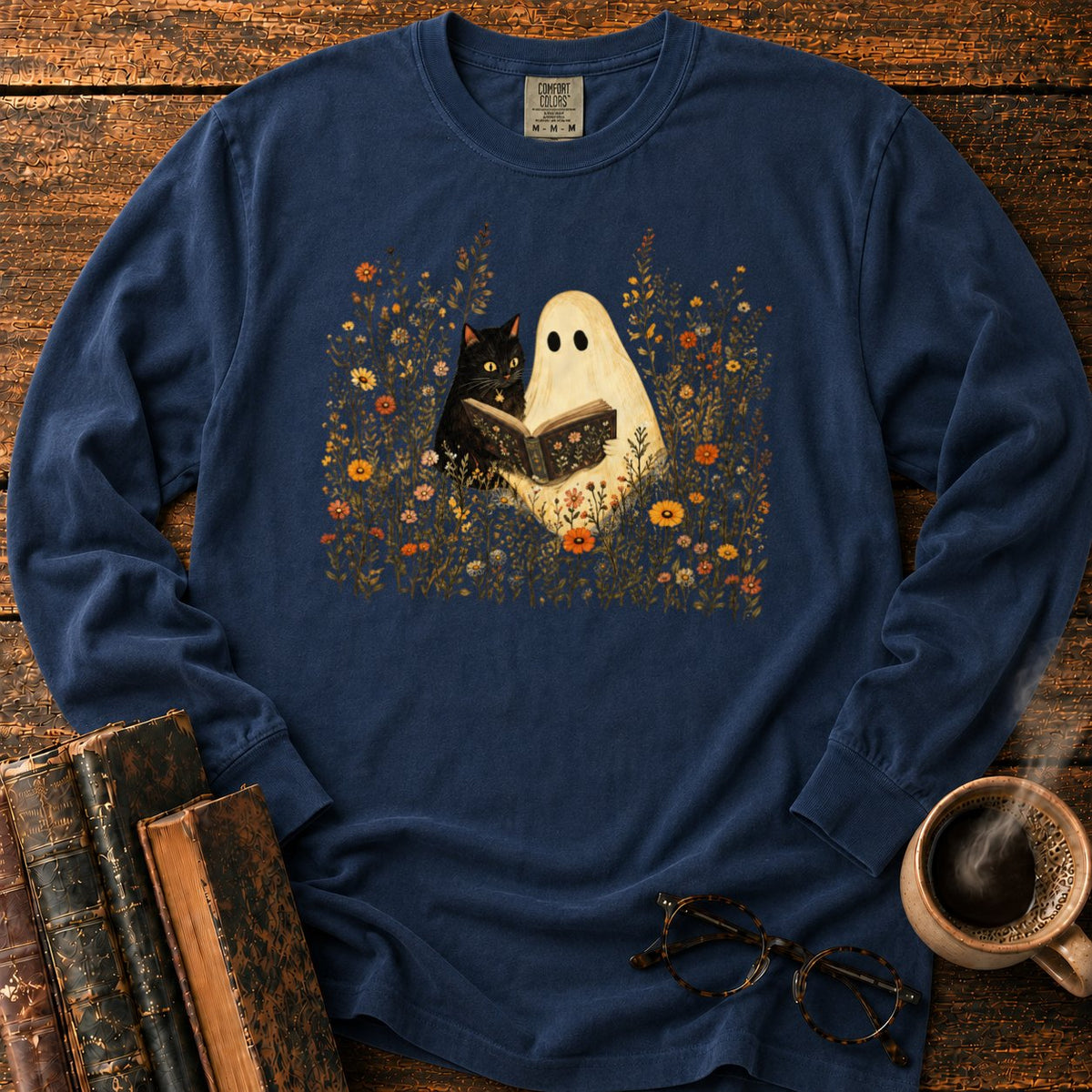 Ghost, Cat And Book Among Wildflowers LS T-Shirt in Midnight – BooksThreads