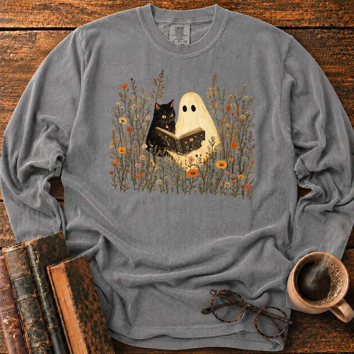 Ghost, Cat And Book Among Wildflowers LS T-Shirt in Pepper – BooksThreads