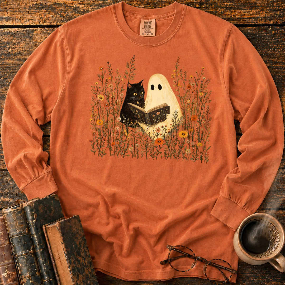 Ghost, Cat And Book Among Wildflowers LS T-Shirt in Yam – BooksThreads