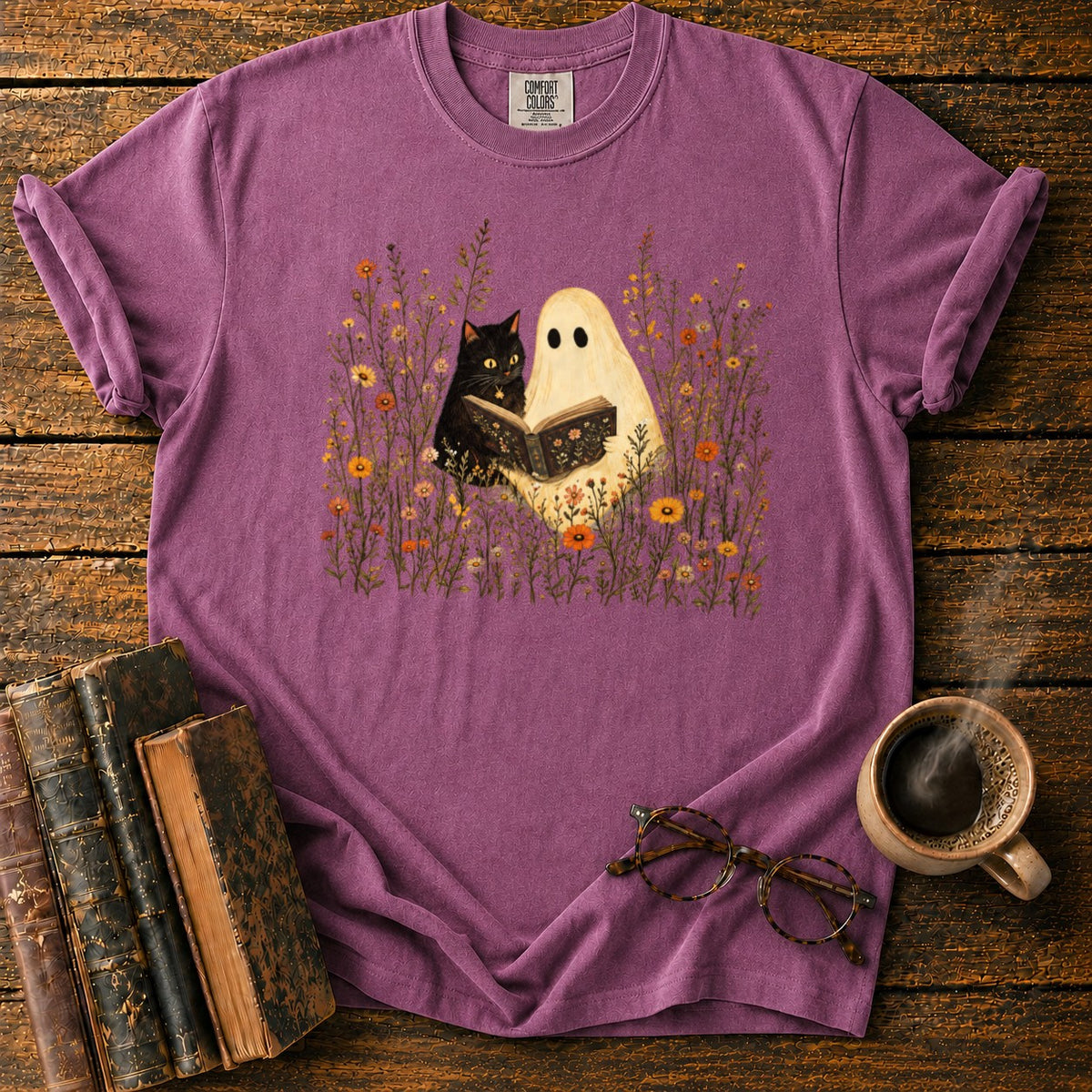 Ghost, Cat And Book Among Wildflowers T-Shirt in Berry – BooksThreads