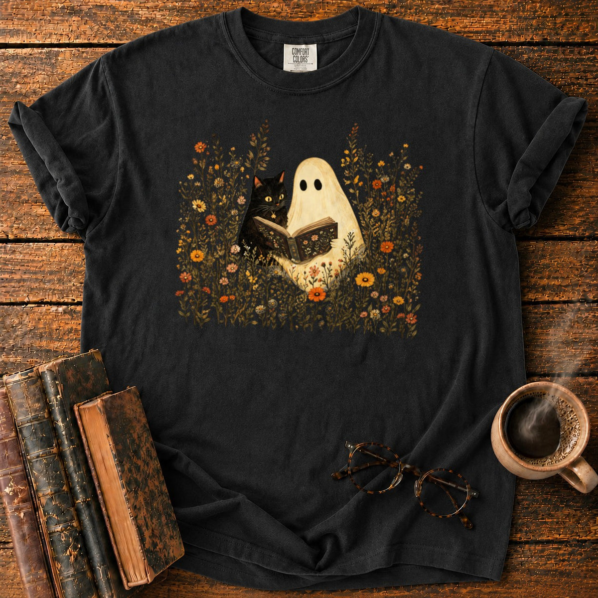 Ghost, Cat And Book Among Wildflowers T-Shirt in Black – BooksThreads