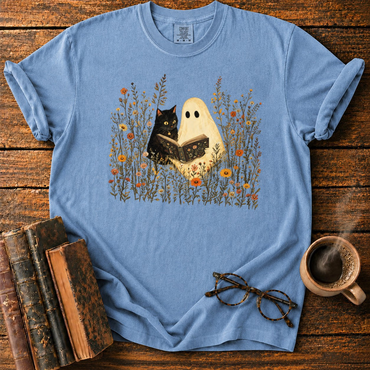 Ghost, Cat And Book Among Wildflowers T-Shirt in Blue Jean – BooksThreads