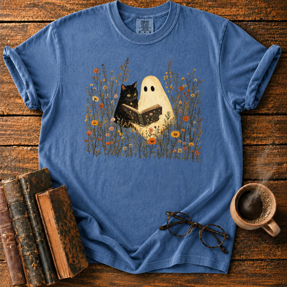 Ghost, Cat And Book Among Wildflowers T-Shirt in Denim – BooksThreads