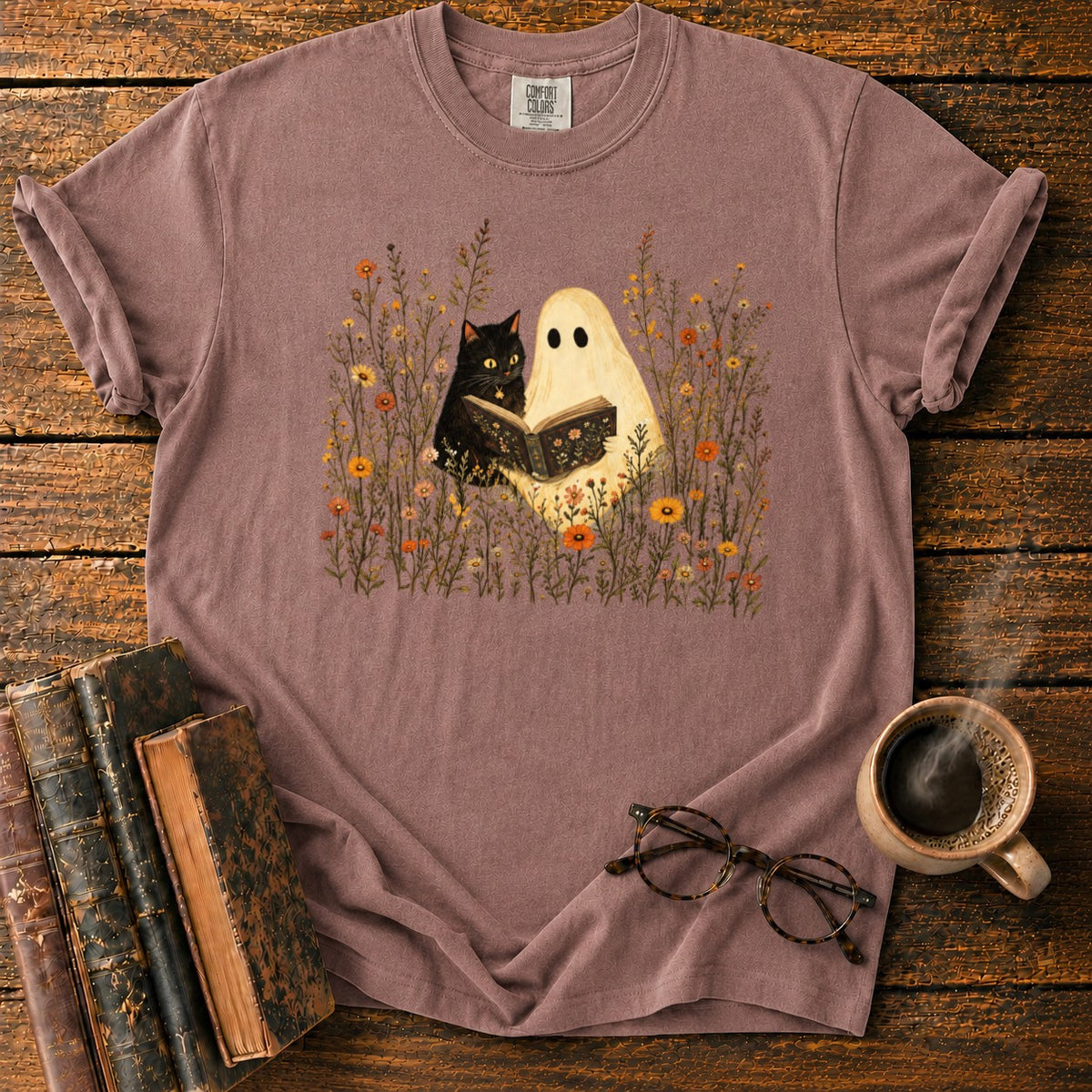 Ghost, Cat And Book Among Wildflowers T-Shirt in Espresso – BooksThreads