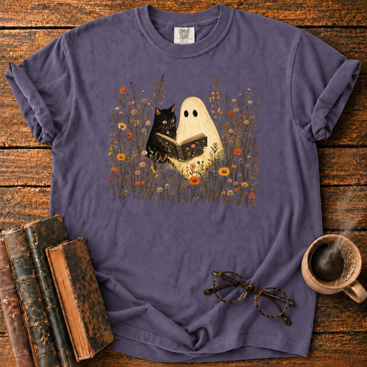 Ghost, Cat And Book Among Wildflowers T-Shirt in Grape – BooksThreads