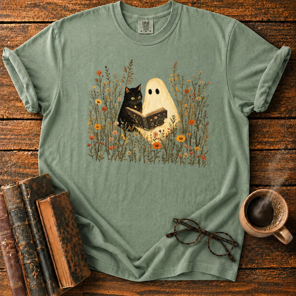 Ghost, Cat And Book Among Wildflowers T-Shirt in Moss – BooksThreads