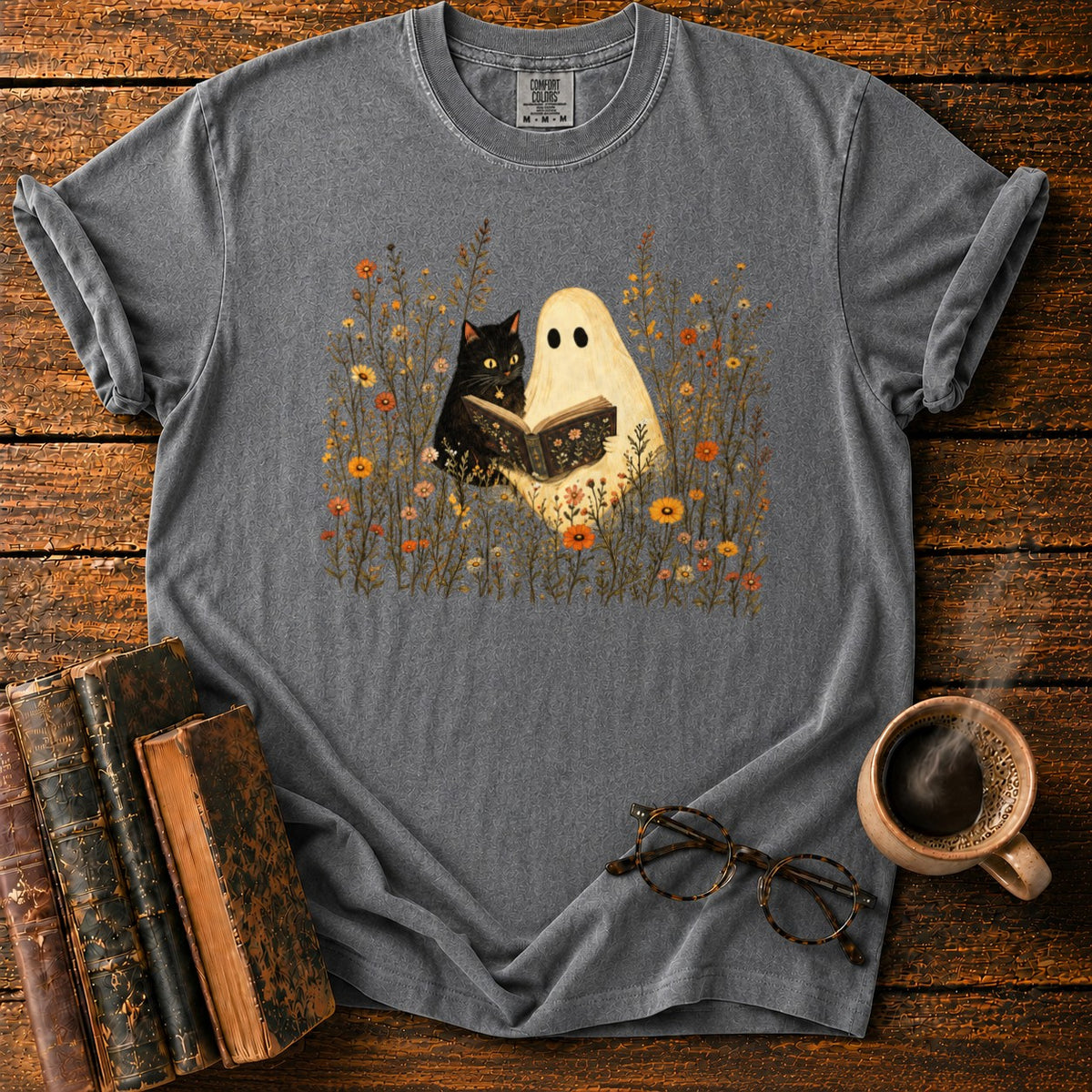 Ghost, Cat And Book Among Wildflowers T-Shirt in Pepper – BooksThreads