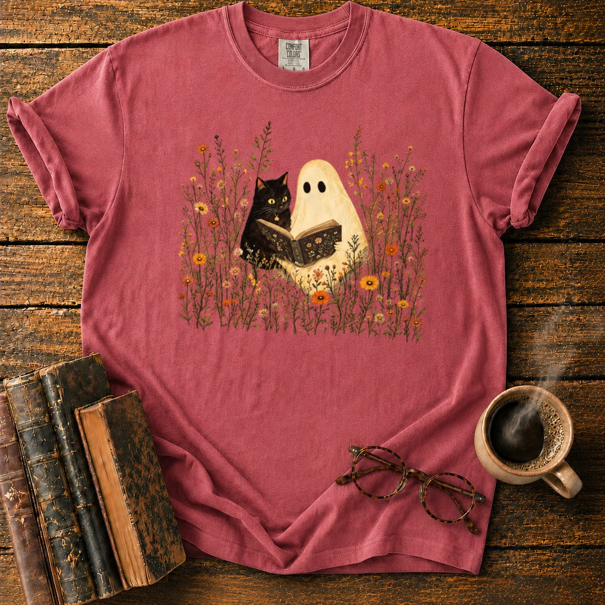 Ghost, Cat And Book Among Wildflowers T-Shirt in Watermelon – BooksThreads