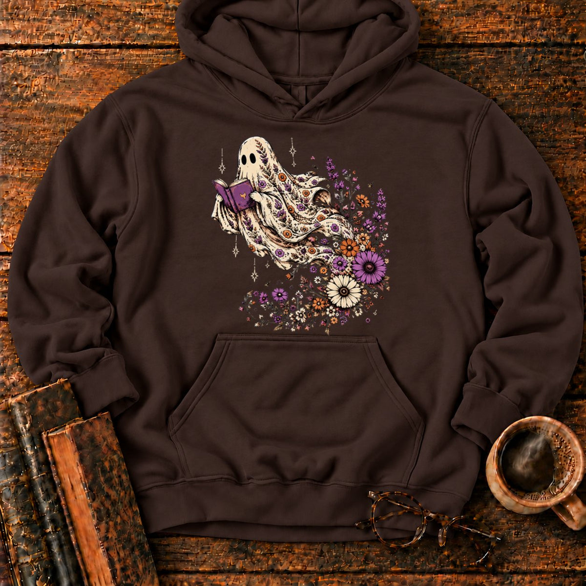 Ghost Reader With Trailing Wildflowers Hoodie in Dark Chocolate – BooksThreads