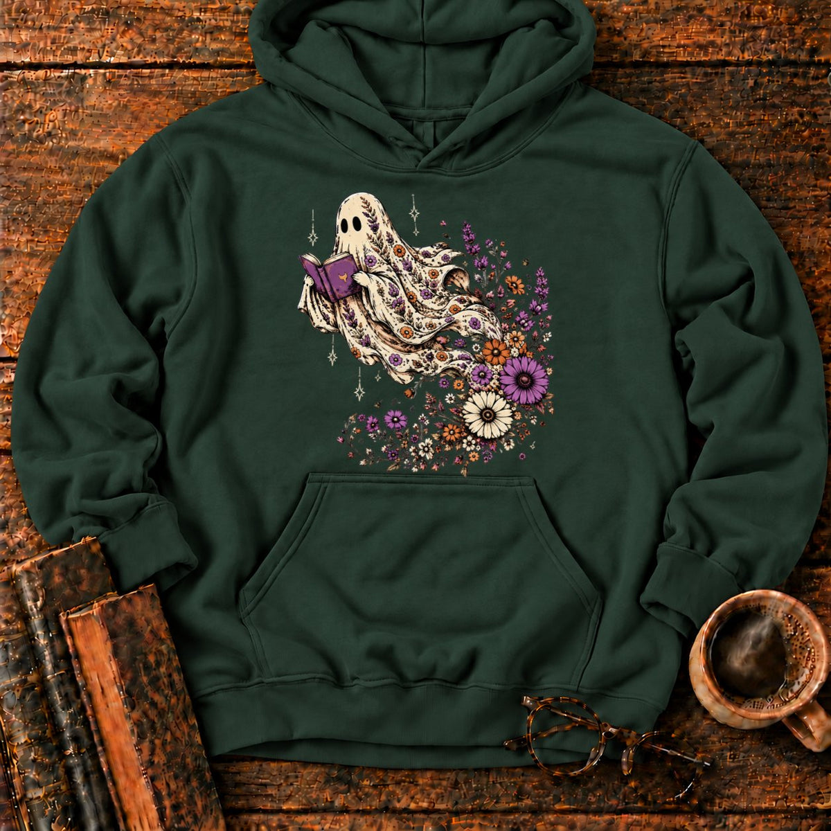 Ghost Reader With Trailing Wildflowers Hoodie in Forest Green – BooksThreads