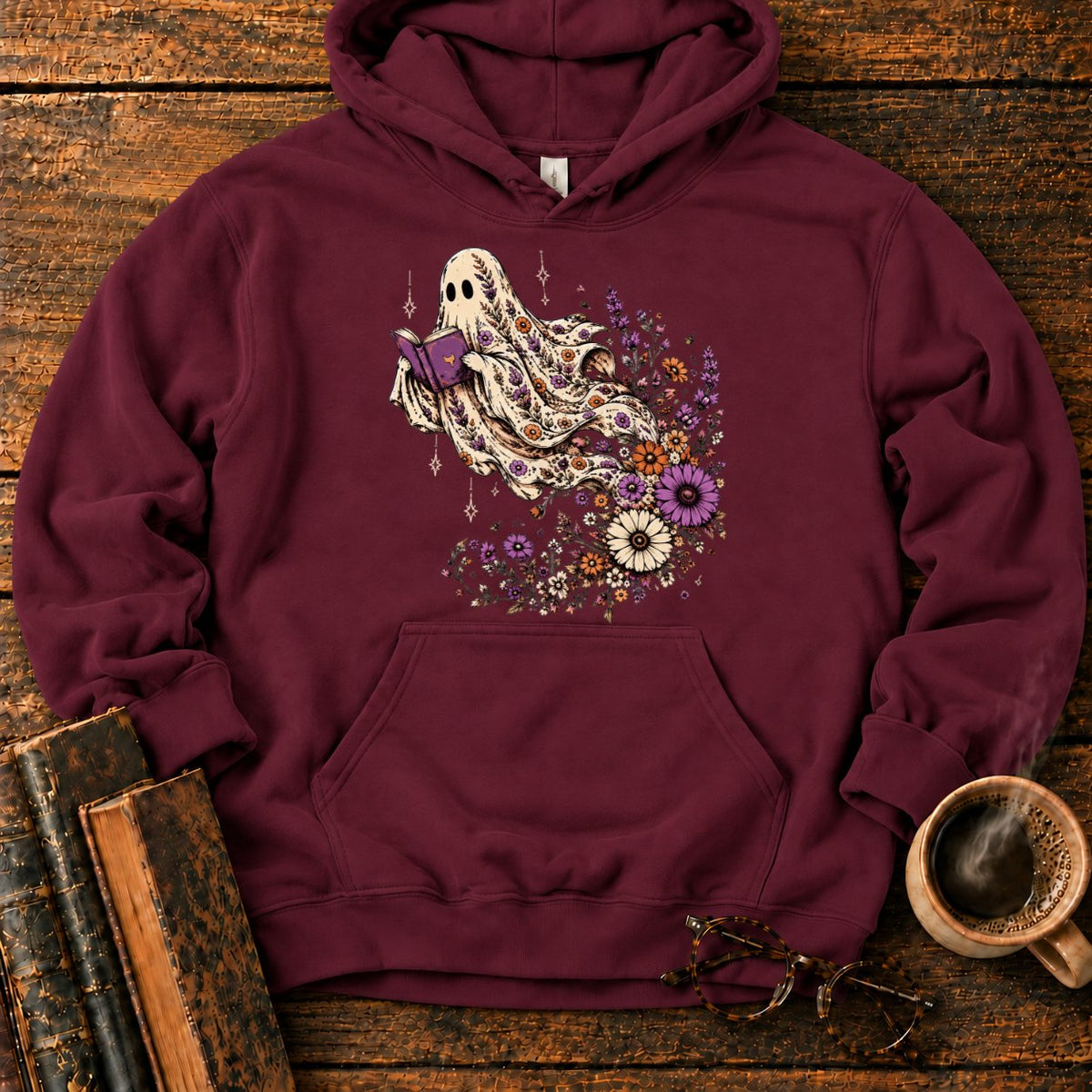 Ghost Reader With Trailing Wildflowers Hoodie in Maroon – BooksThreads
