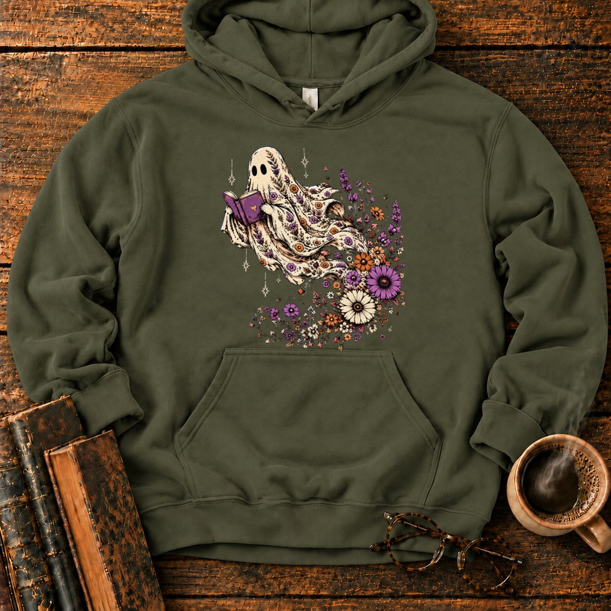 Ghost Reader With Trailing Wildflowers Hoodie in Military Green – BooksThreads