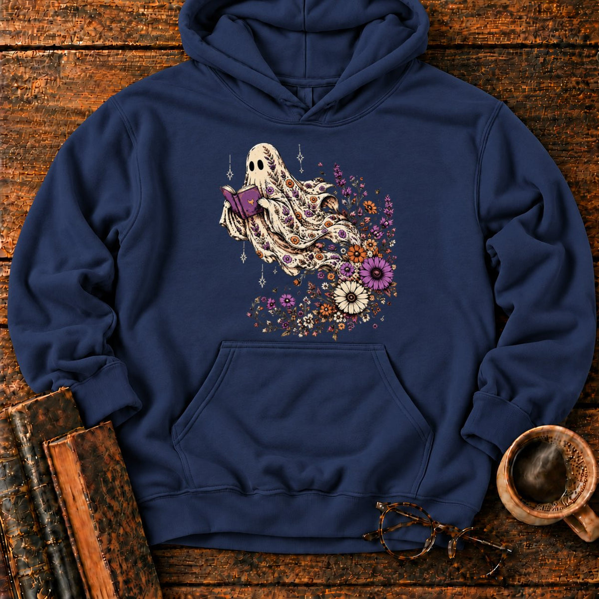 Ghost Reader With Trailing Wildflowers Hoodie in Navy – BooksThreads