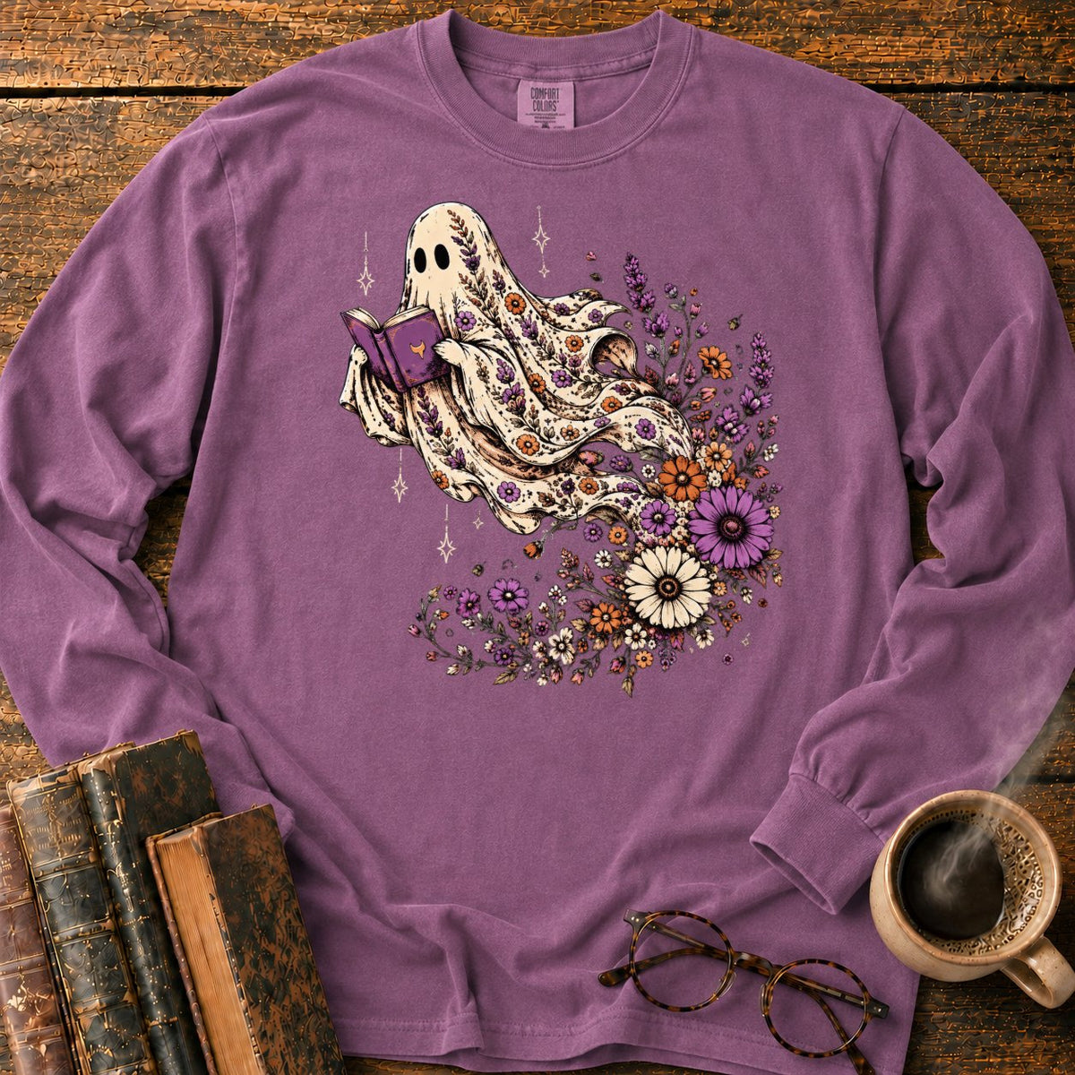 Ghost Reader With Trailing Wildflowers LS T-Shirt in Berry – BooksThreads