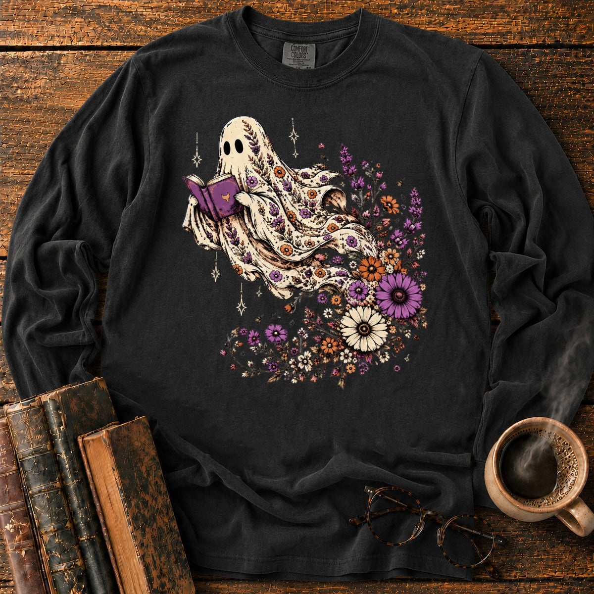 Ghost Reader With Trailing Wildflowers LS T-Shirt in Black – BooksThreads
