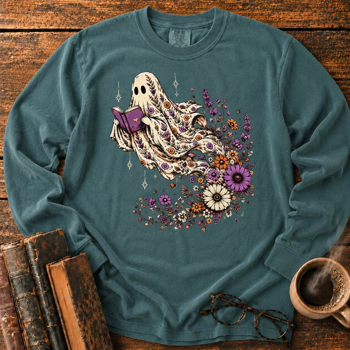 Ghost Reader With Trailing Wildflowers LS T-Shirt in Blue Spruce – BooksThreads