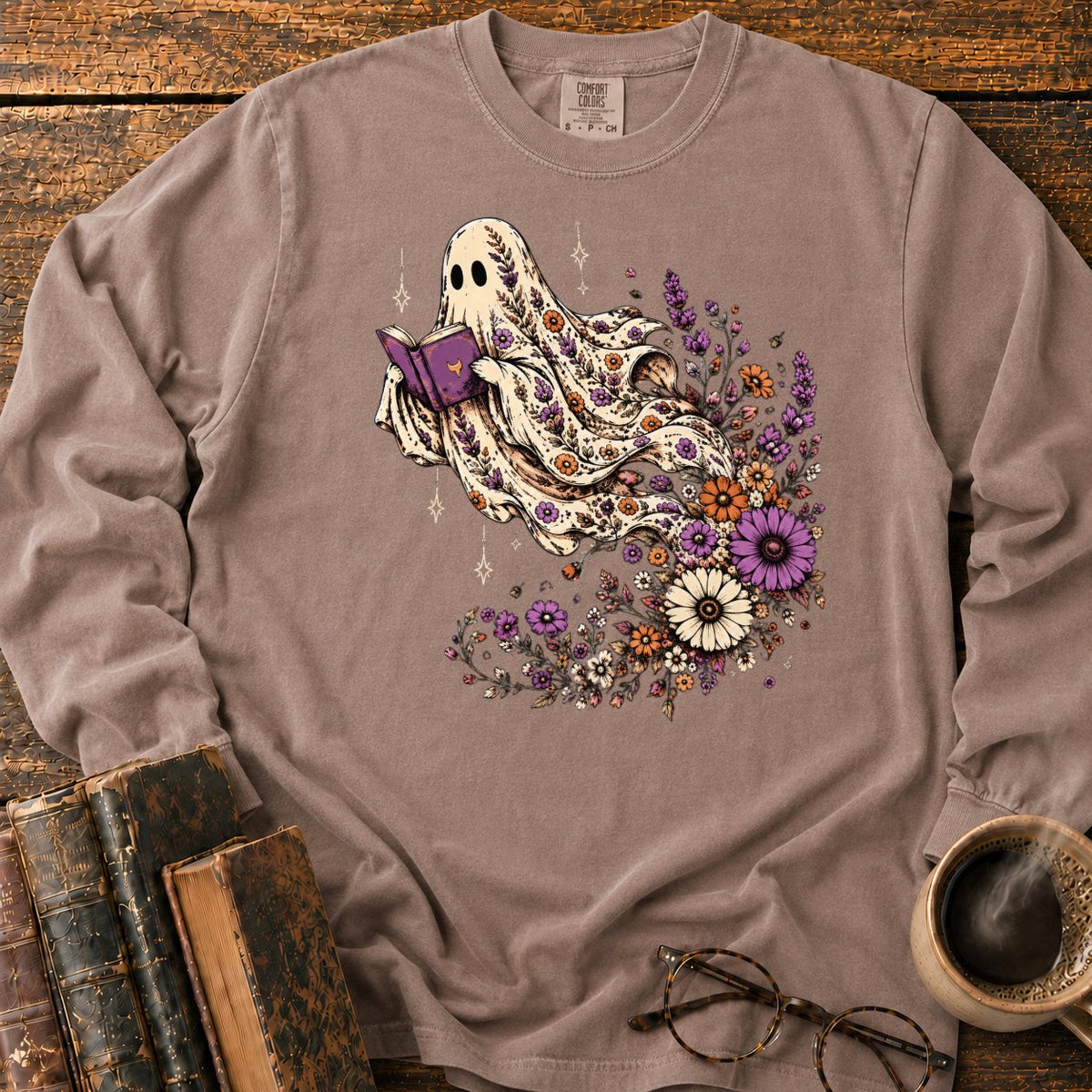 Ghost Reader With Trailing Wildflowers LS T-Shirt in Espresso – BooksThreads