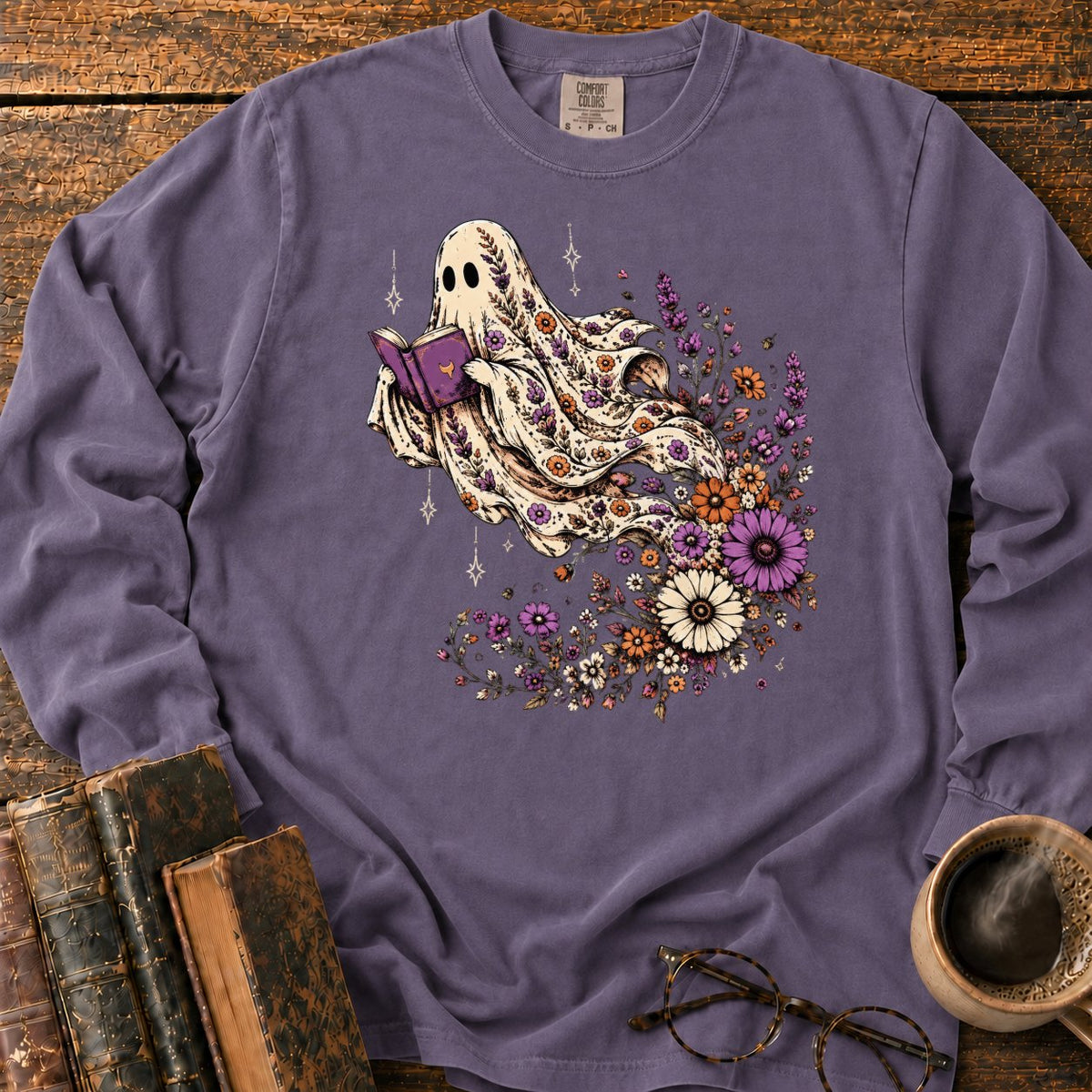 Ghost Reader With Trailing Wildflowers LS T-Shirt in Grape – BooksThreads