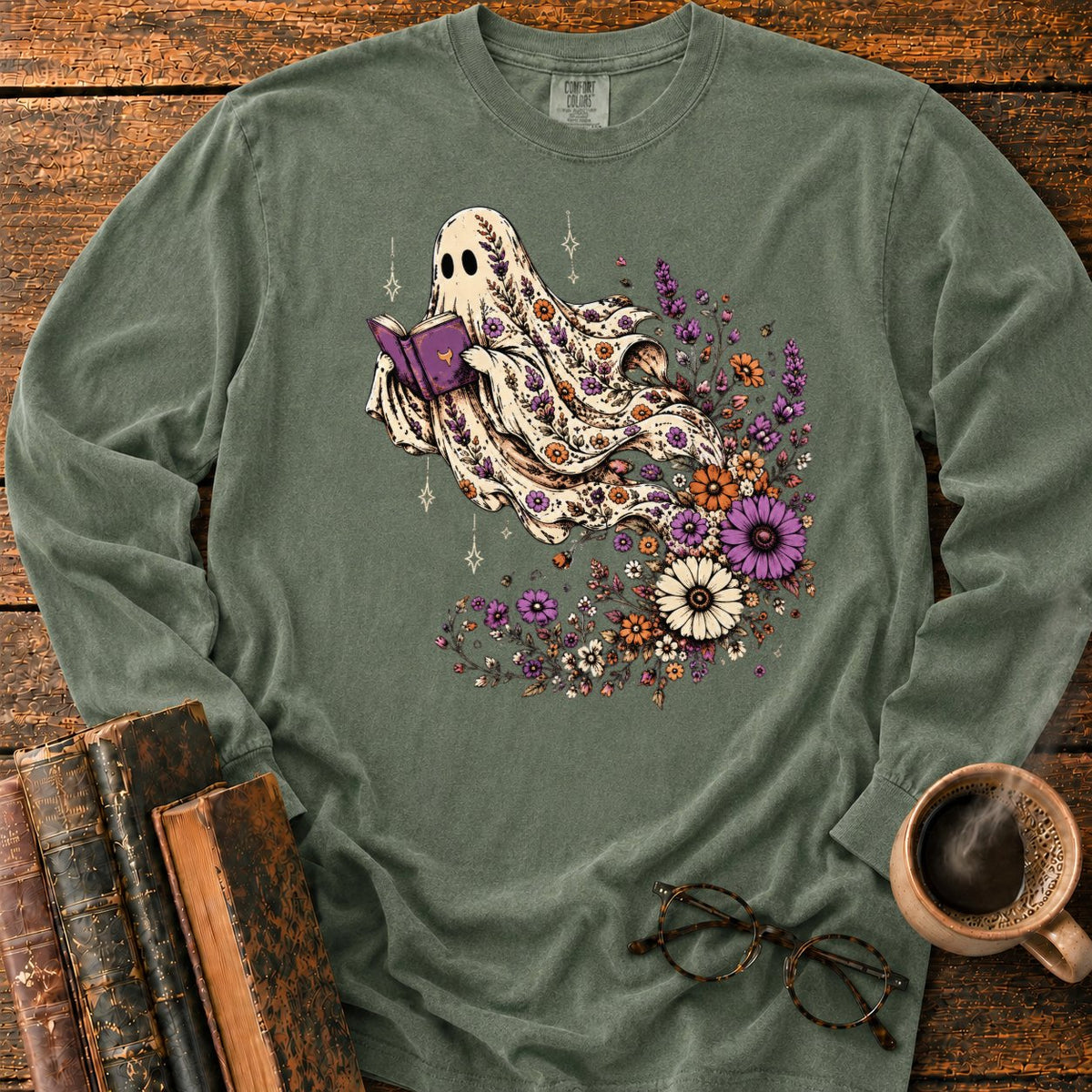 Ghost Reader With Trailing Wildflowers LS T-Shirt in Hemp – BooksThreads