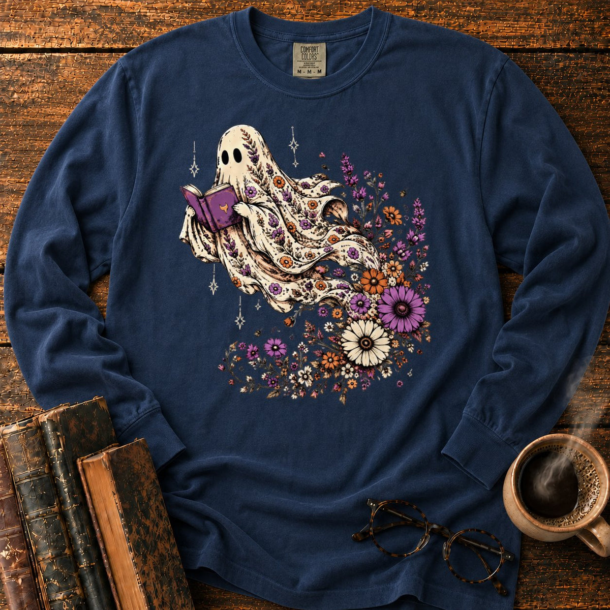 Ghost Reader With Trailing Wildflowers LS T-Shirt in Midnight – BooksThreads