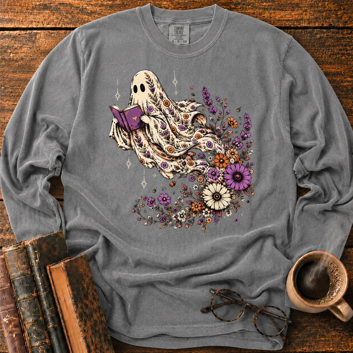Ghost Reader With Trailing Wildflowers LS T-Shirt in Pepper – BooksThreads