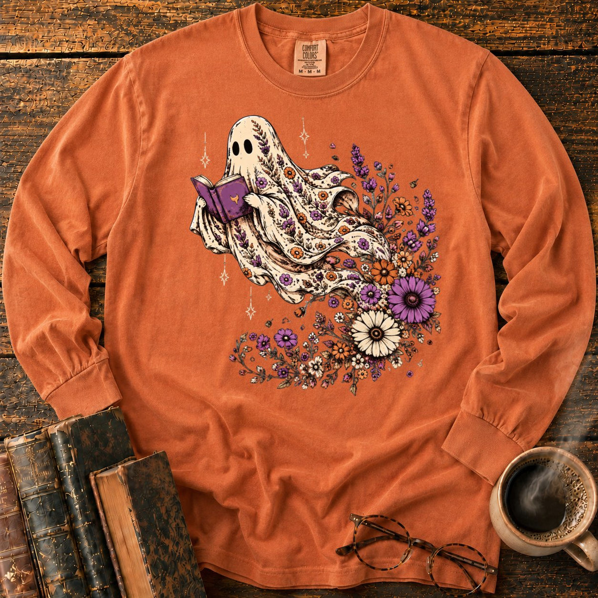Ghost Reader With Trailing Wildflowers LS T-Shirt in Yam – BooksThreads