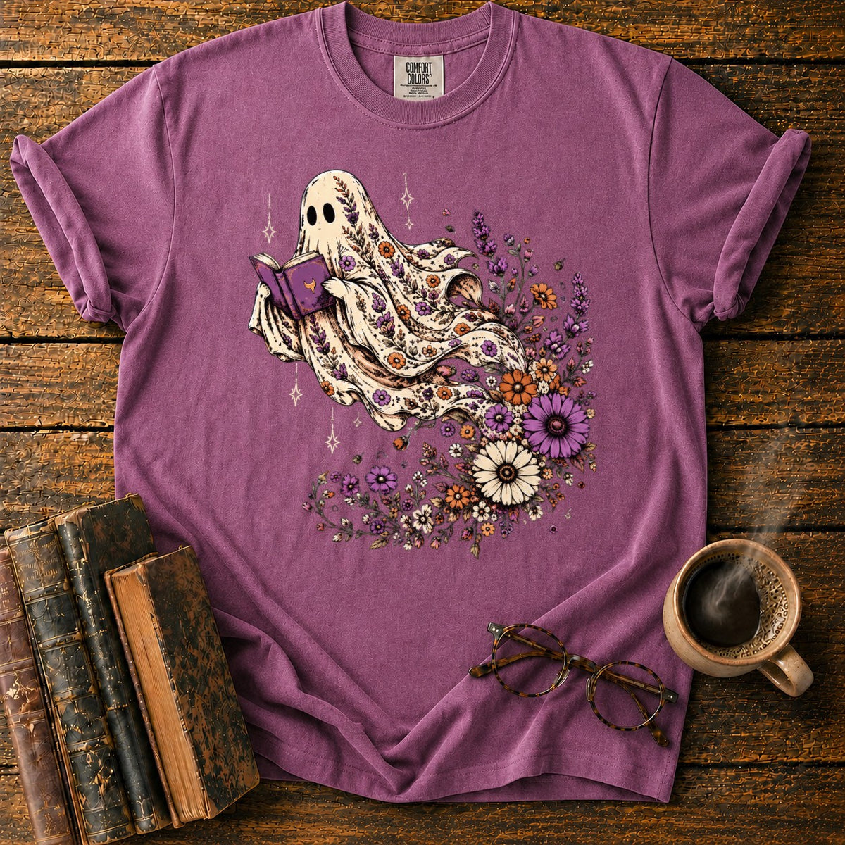 Ghost Reader With Trailing Wildflowers T-Shirt in Berry – BooksThreads