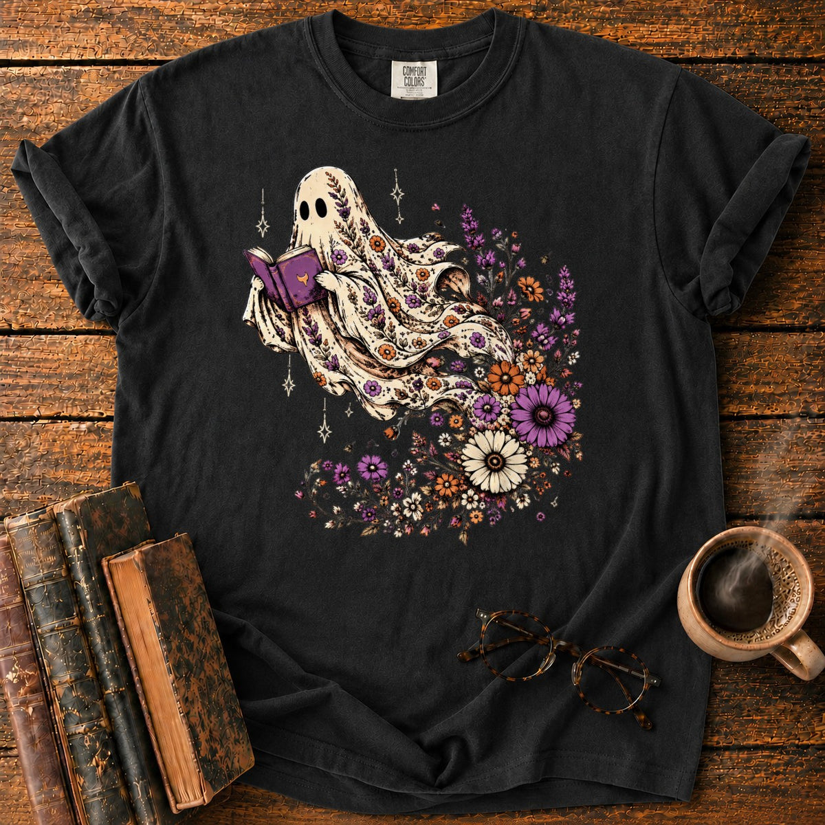 Ghost Reader With Trailing Wildflowers T-Shirt in Black – BooksThreads