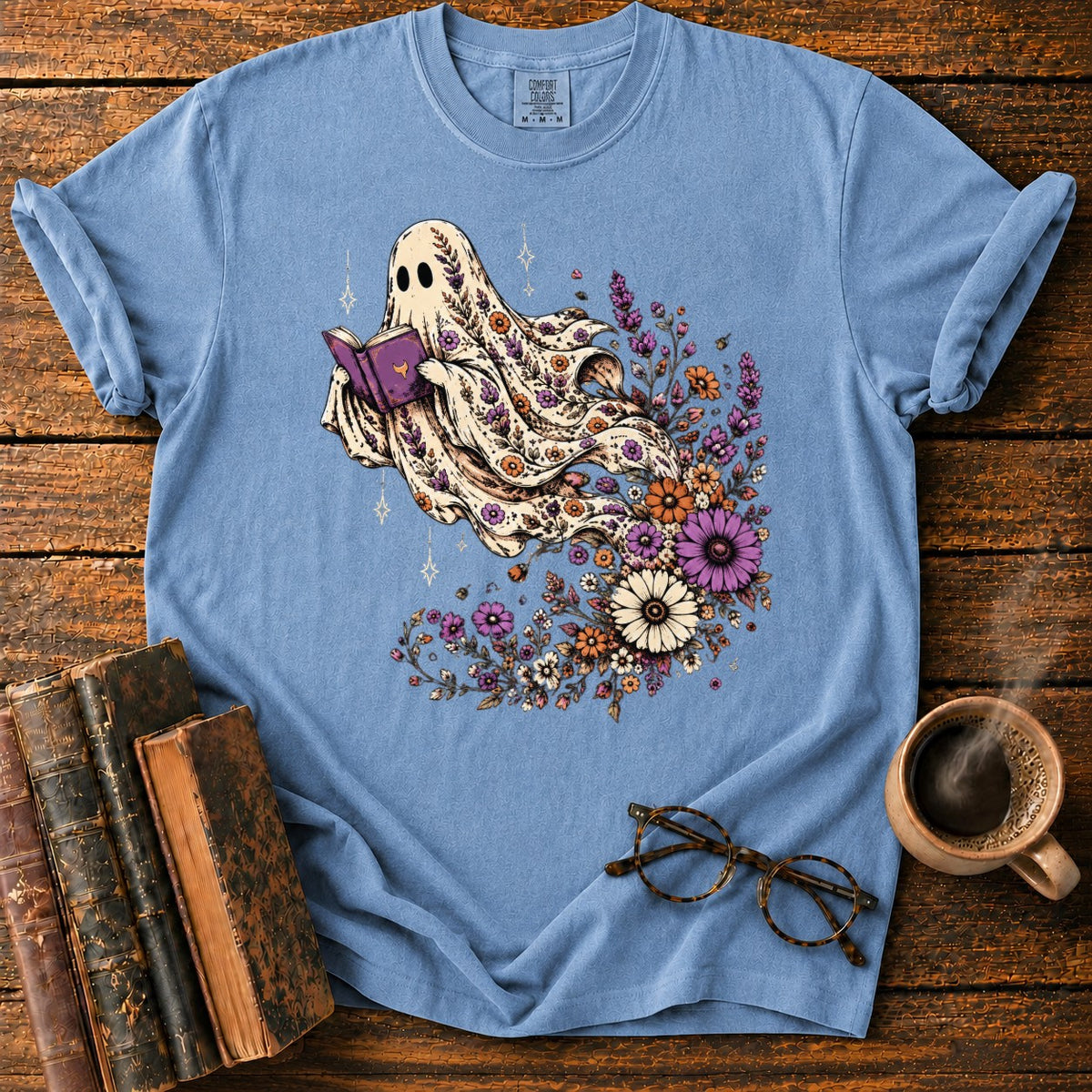 Ghost Reader With Trailing Wildflowers T-Shirt in Blue Jean – BooksThreads