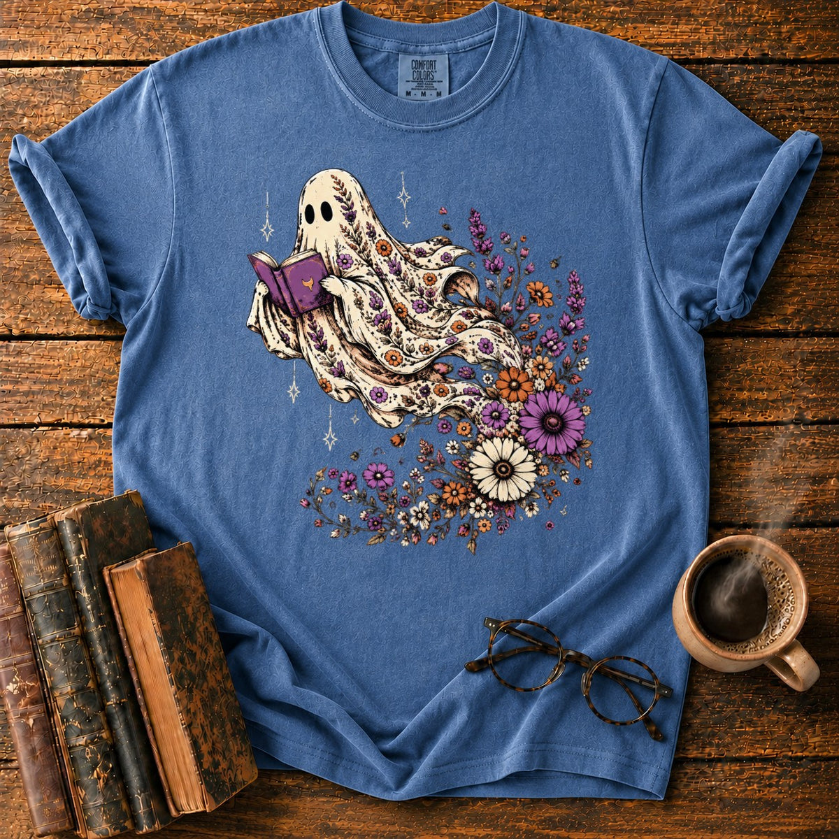 Ghost Reader With Trailing Wildflowers T-Shirt in Denim – BooksThreads