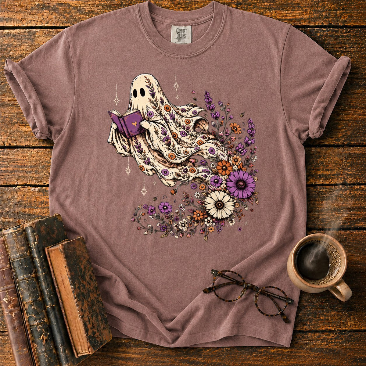 Ghost Reader With Trailing Wildflowers T-Shirt in Espresso – BooksThreads