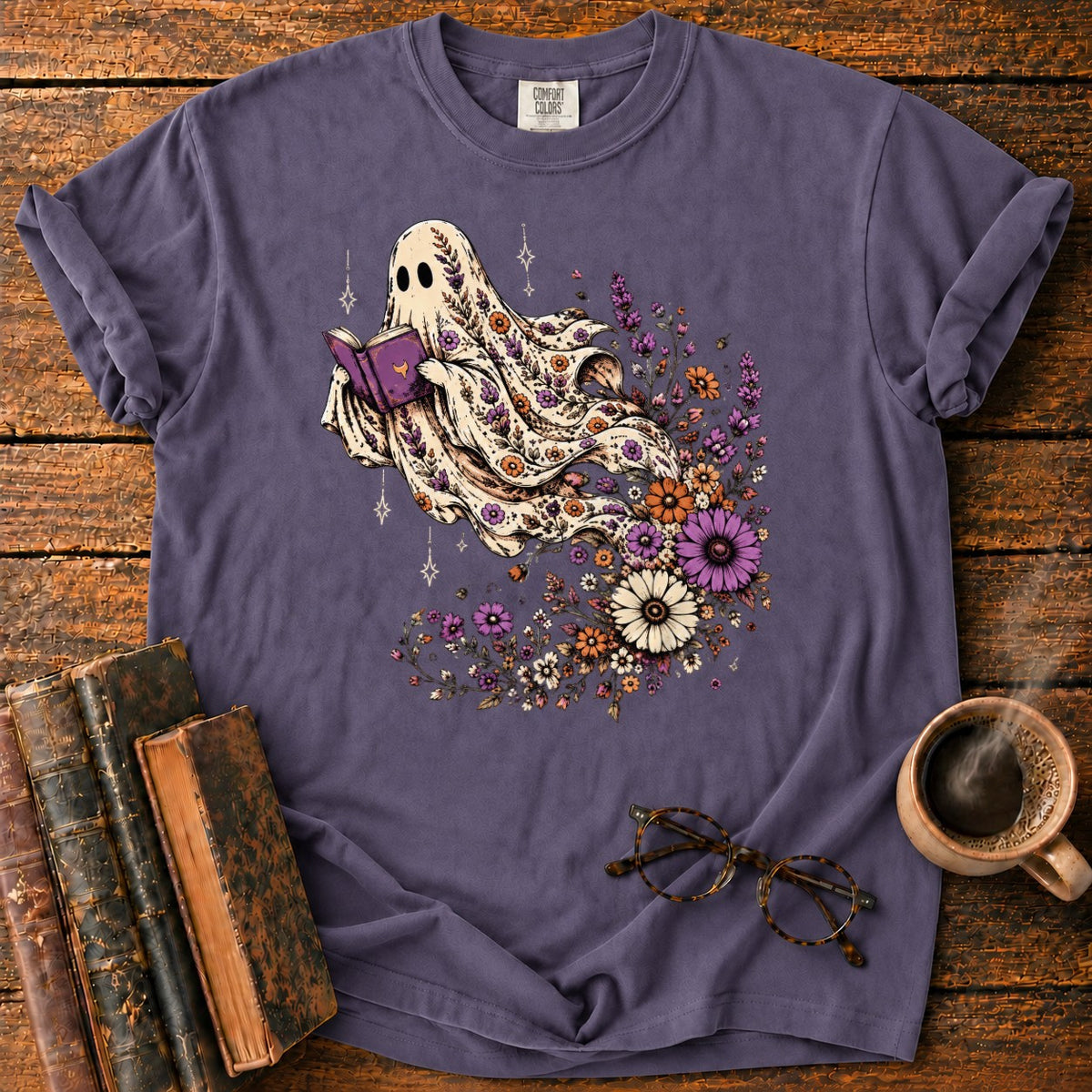 Ghost Reader With Trailing Wildflowers T-Shirt in Grape – BooksThreads