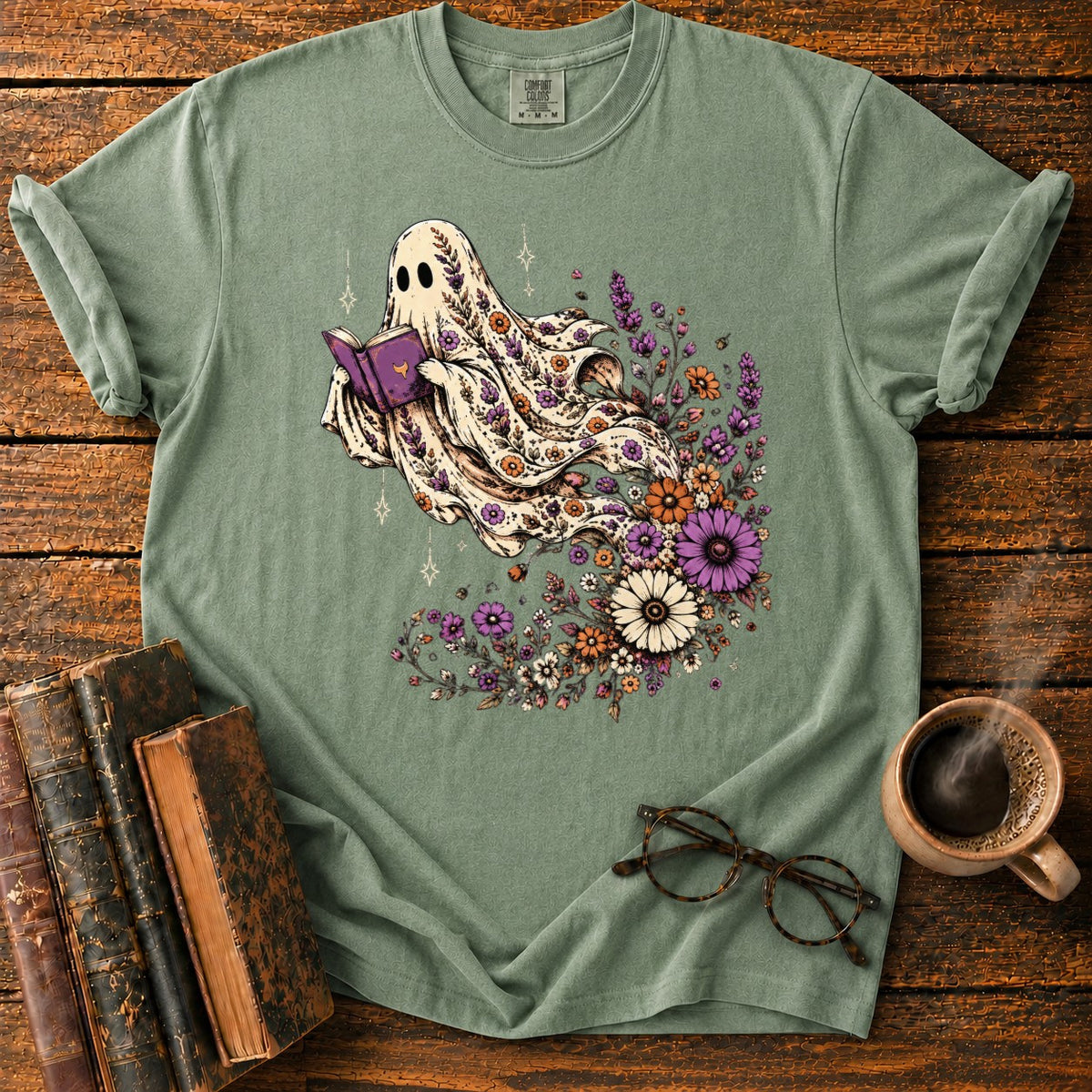 Ghost Reader With Trailing Wildflowers T-Shirt in Moss – BooksThreads