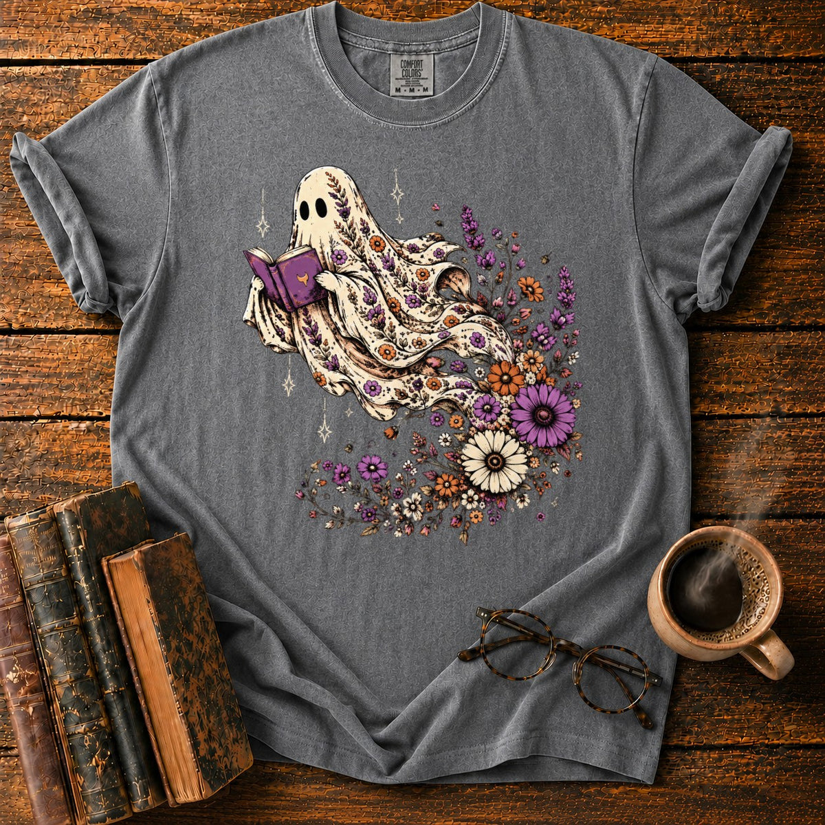 Ghost Reader With Trailing Wildflowers T-Shirt in Pepper – BooksThreads