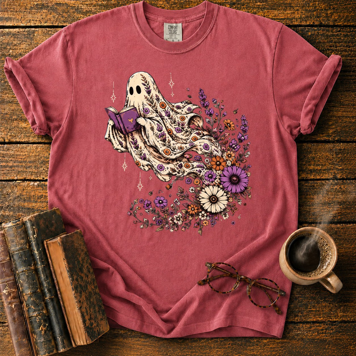 Ghost Reader With Trailing Wildflowers T-Shirt in Watermelon – BooksThreads