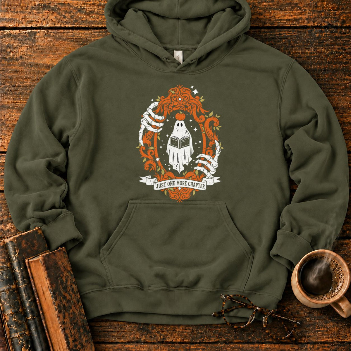 Ghost Reading In A Baroque Frame Hoodie in Military Green – BooksThreads