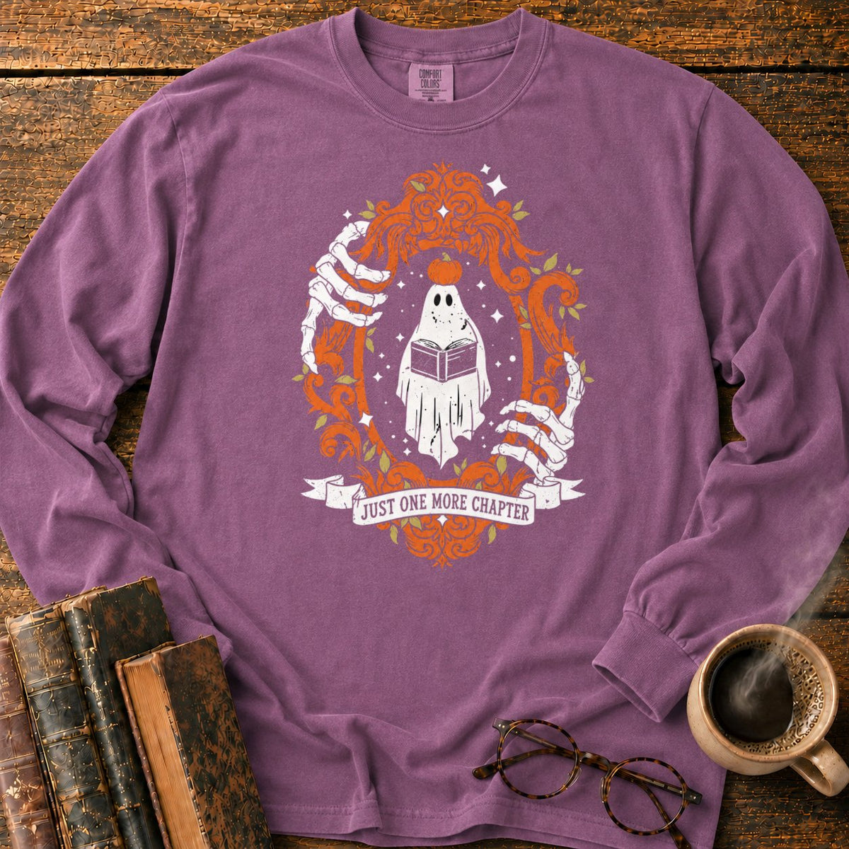 Ghost Reading In A Baroque Frame LS T-Shirt in Berry – BooksThreads