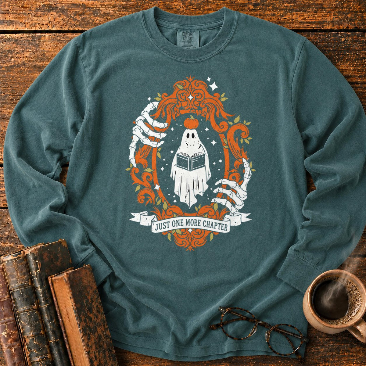 Ghost Reading In A Baroque Frame LS T-Shirt in Blue Spruce – BooksThreads