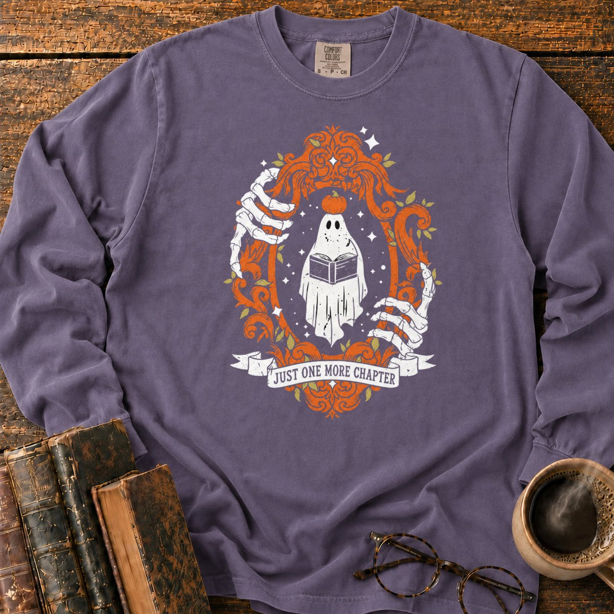 Ghost Reading In A Baroque Frame LS T-Shirt in Grape – BooksThreads