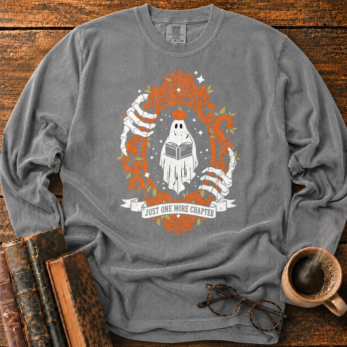 Ghost Reading In A Baroque Frame LS T-Shirt in Pepper – BooksThreads