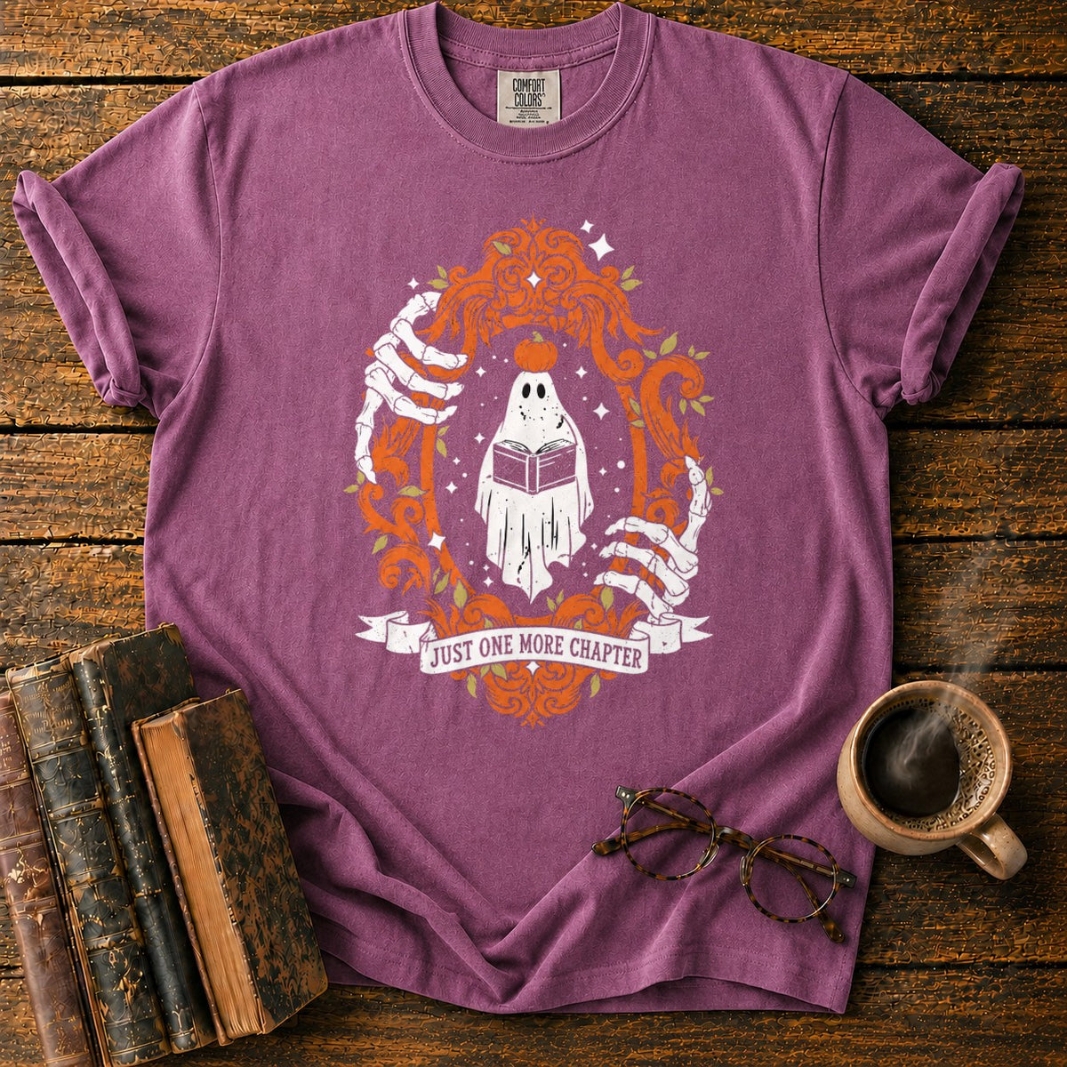 Ghost Reading In A Baroque Frame T-Shirt in Berry – BooksThreads