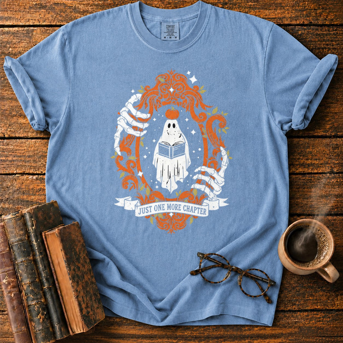 Ghost Reading In A Baroque Frame T-Shirt in Blue Jean – BooksThreads