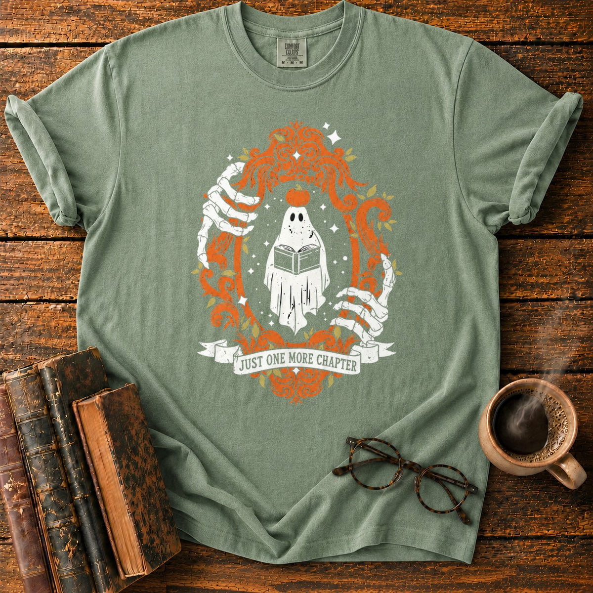 Ghost Reading In A Baroque Frame T-Shirt in Moss – BooksThreads