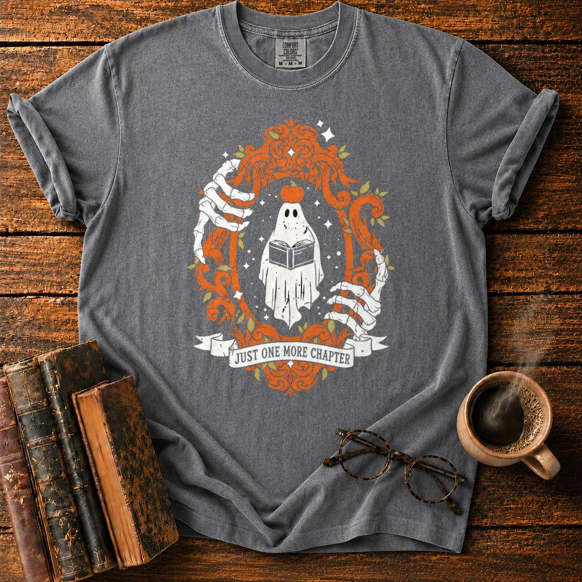 Ghost Reading In A Baroque Frame T-Shirt in Pepper – BooksThreads