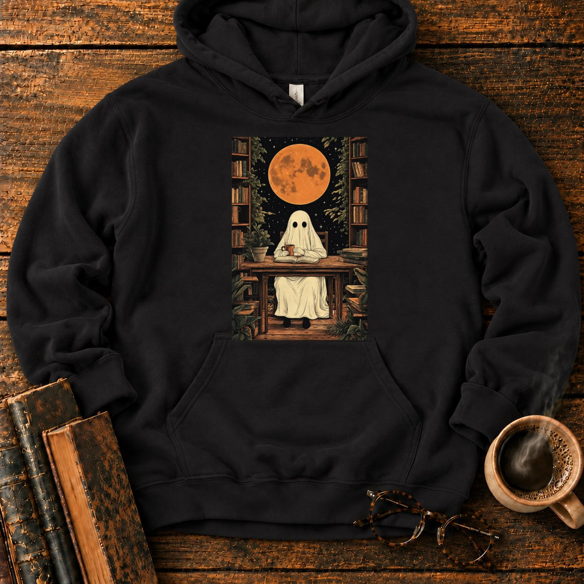 Ghost Reading Moon Library Hoodie in Black – BooksThreads