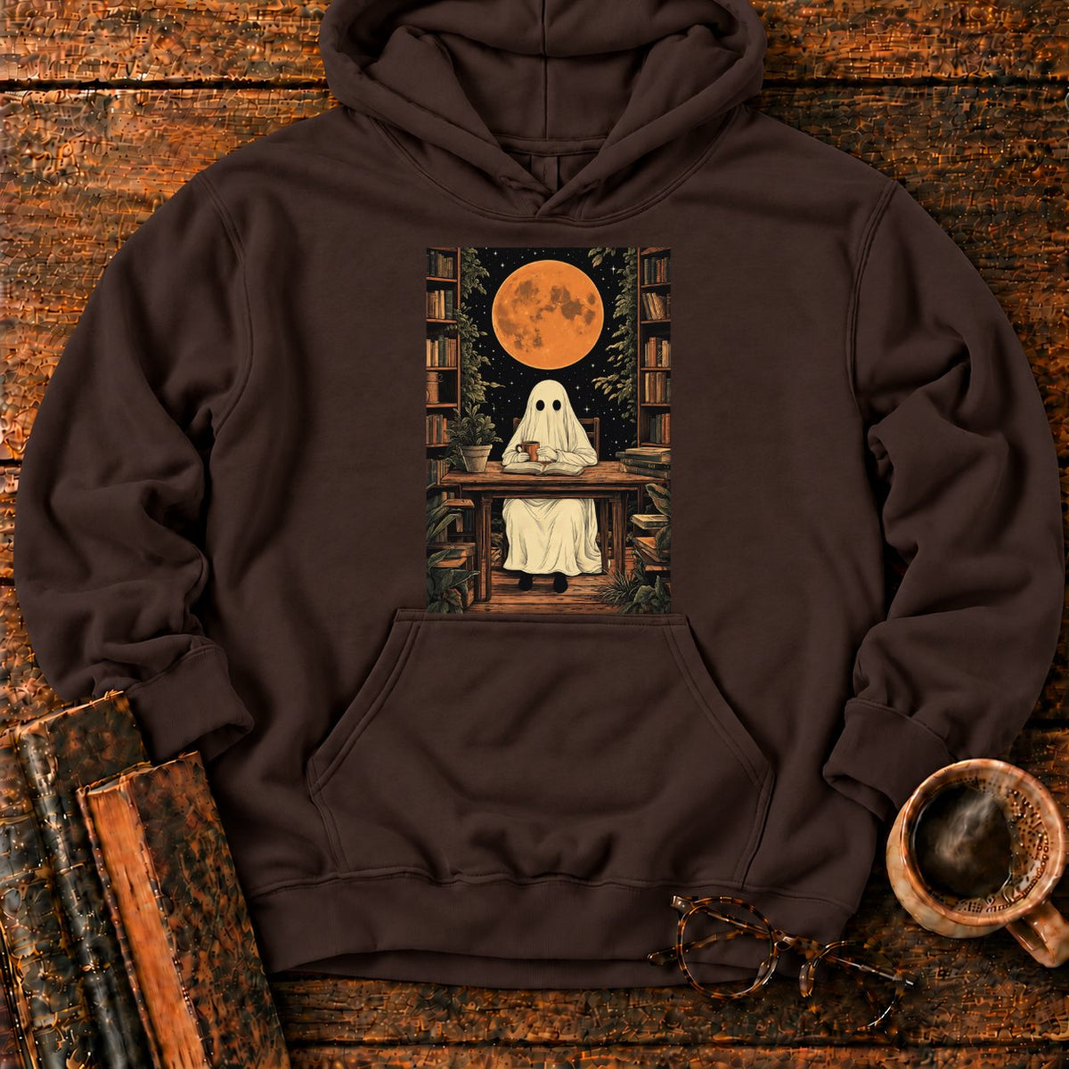 Ghost Reading Moon Library Hoodie in Dark Chocolate – BooksThreads