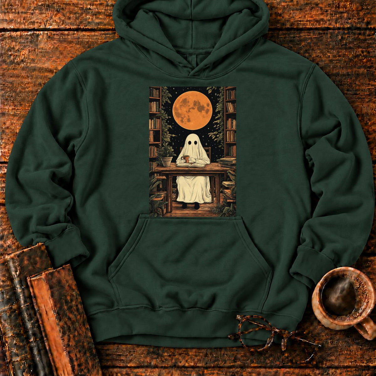 Ghost Reading Moon Library Hoodie in Forest Green – BooksThreads