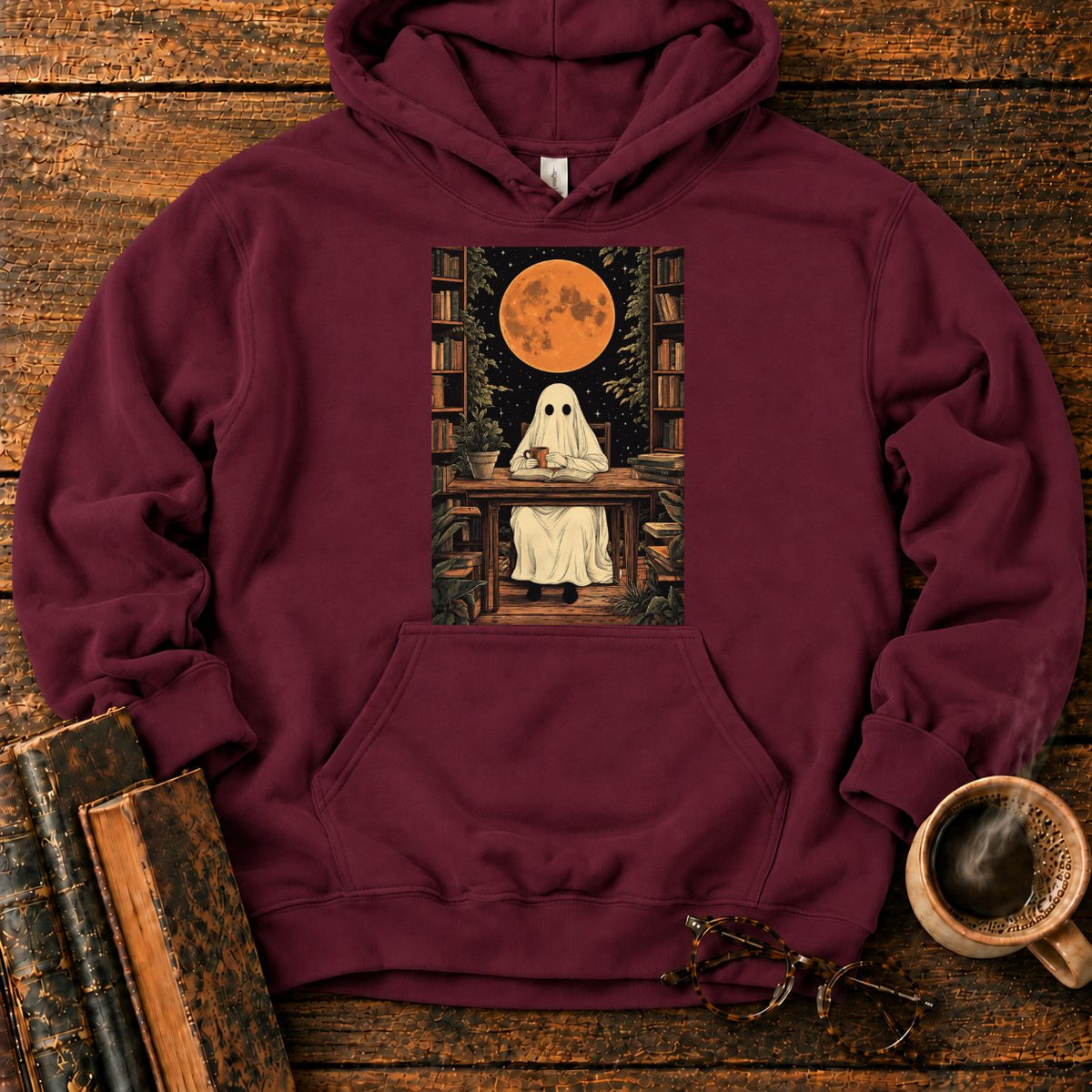 Ghost Reading Moon Library Hoodie in Maroon – BooksThreads