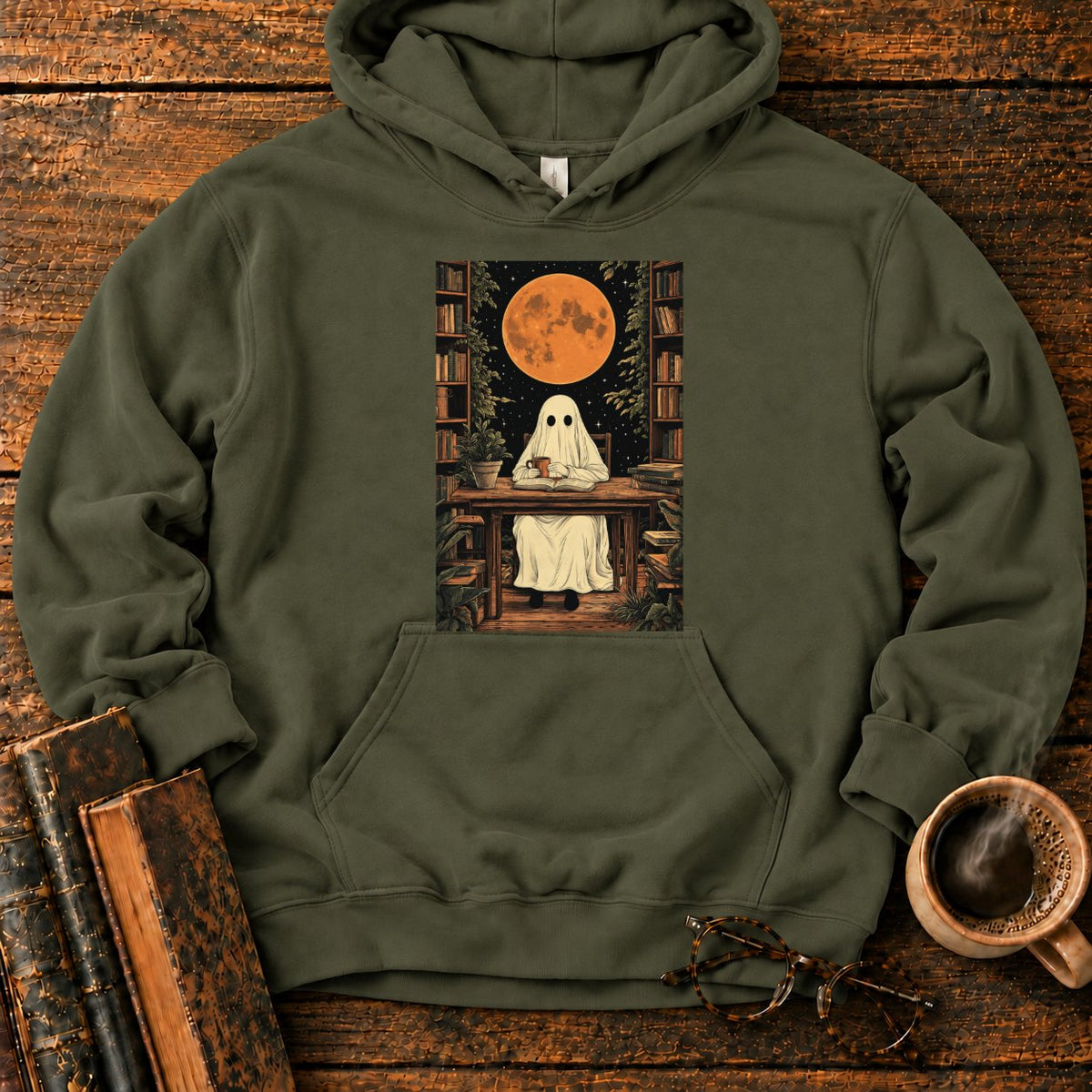 Ghost Reading Moon Library Hoodie in Military Green – BooksThreads